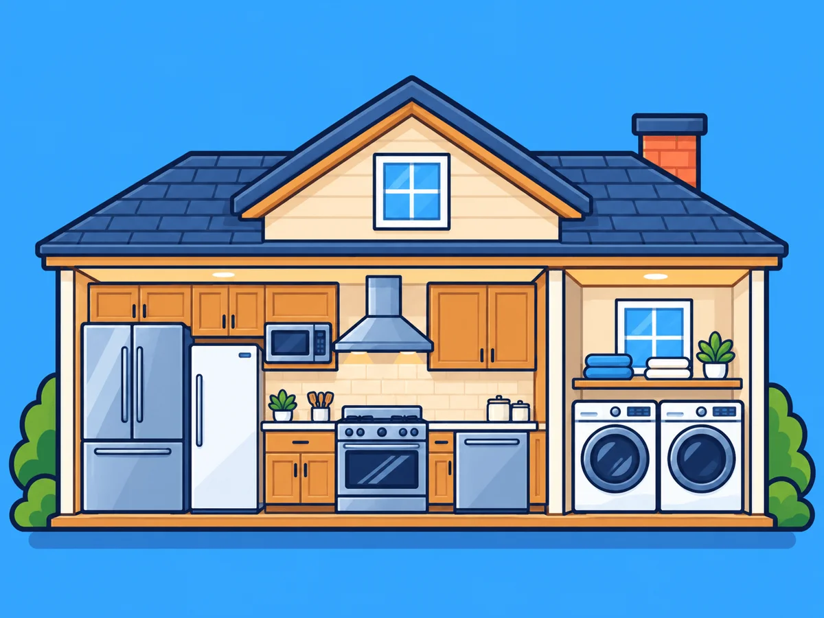 Illustrated cutaway of a home showing the kitchen and laundry appliances we repair